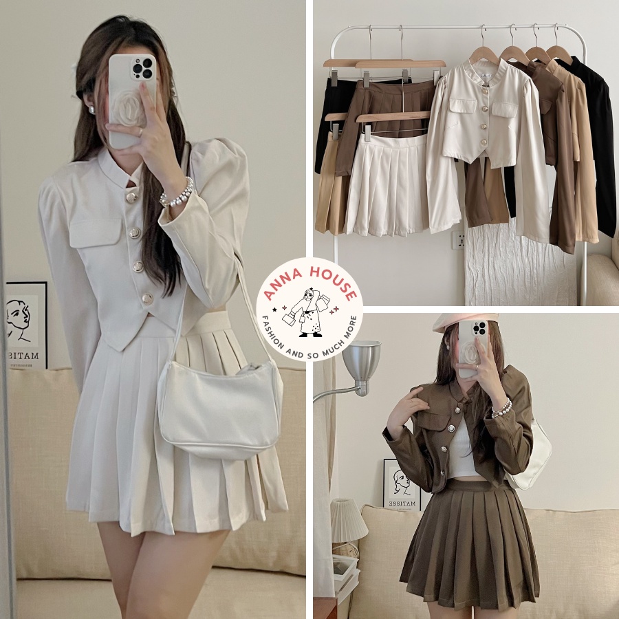 Set áo blazer tay ngắn croptop kèm chân váy xếp ly ngắn, Set đồ nữ áo vest cộc tay kèm chân váy xếp ly dây thắt eo
