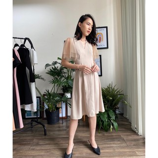 ĐẦM CỔ V PHỐI TAY SHEER EDINI-D1105