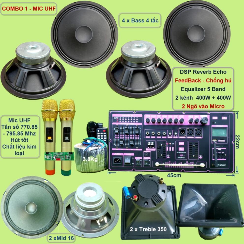 Mạch loa kéo 4 Bass 4 tấc 400W + 400W DSP Reverb Echo có chống hú - Equalizer 5 Band 2 kênh riêng biệt kèm mic pin 18650