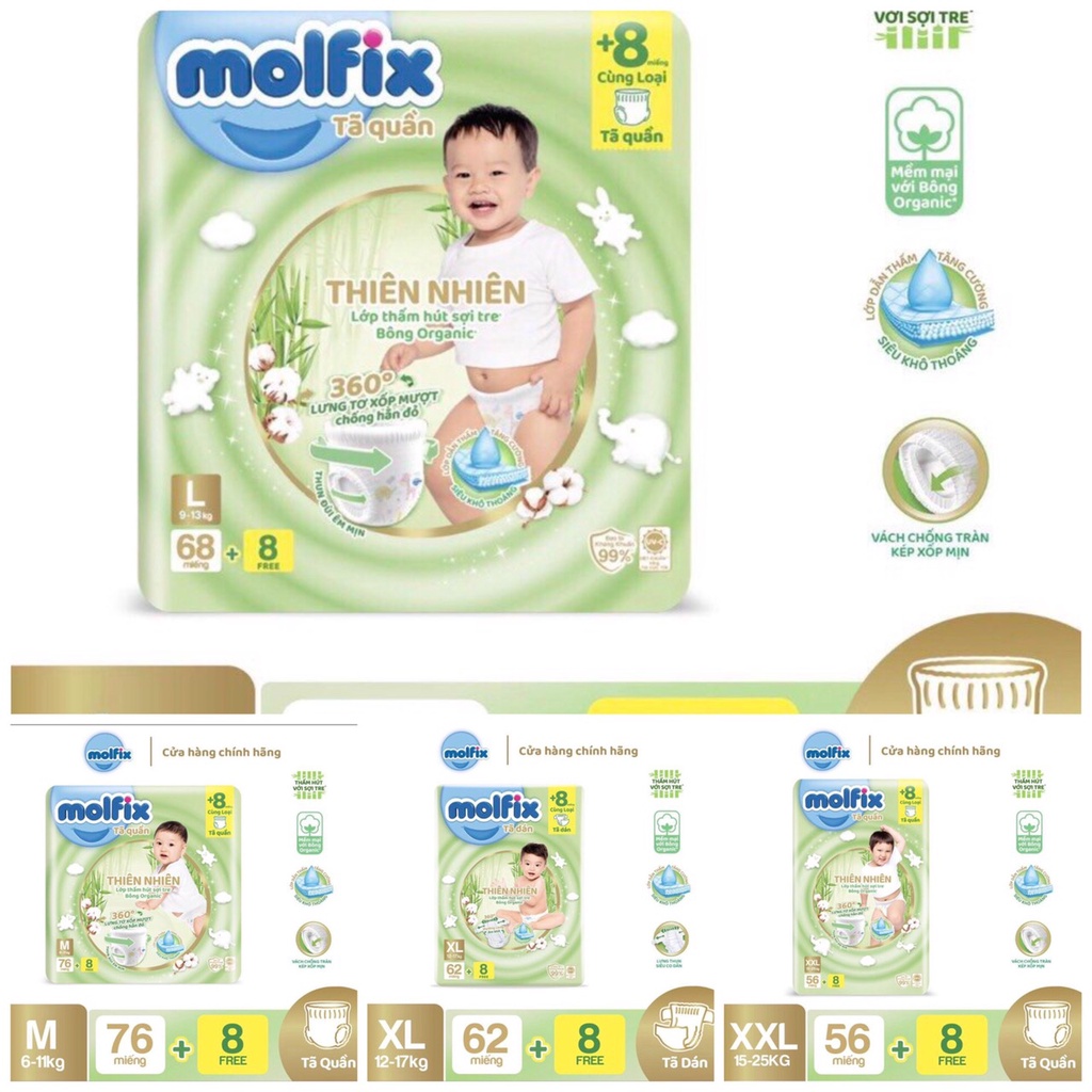 ⚡️ Free Ship ⚡️ Bỉm quần/dán Molfix Thiên nhiên Ultra M76+8 ,L68+8 ,Xl62+8 ,XXL56+8