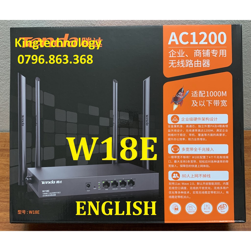 Bộ phát WIFI Tenda W18e GIGABIT ac1200Mps mạng doanh nghiệp 80 user - vùng phủ sóng 300m2