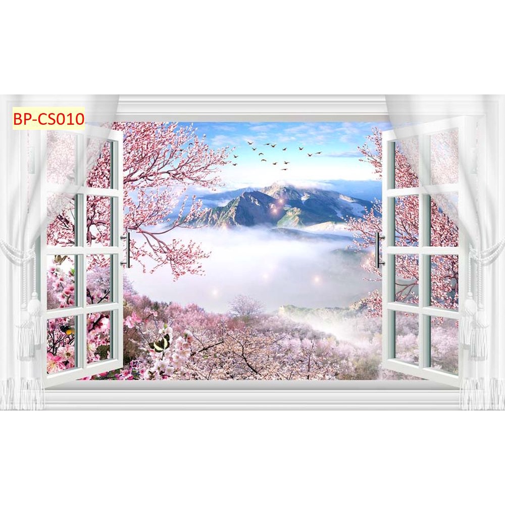 Tranh dán tường 3d cửa sổ thoáng mát tạo cảm giác thoải mái, tự nhiên
