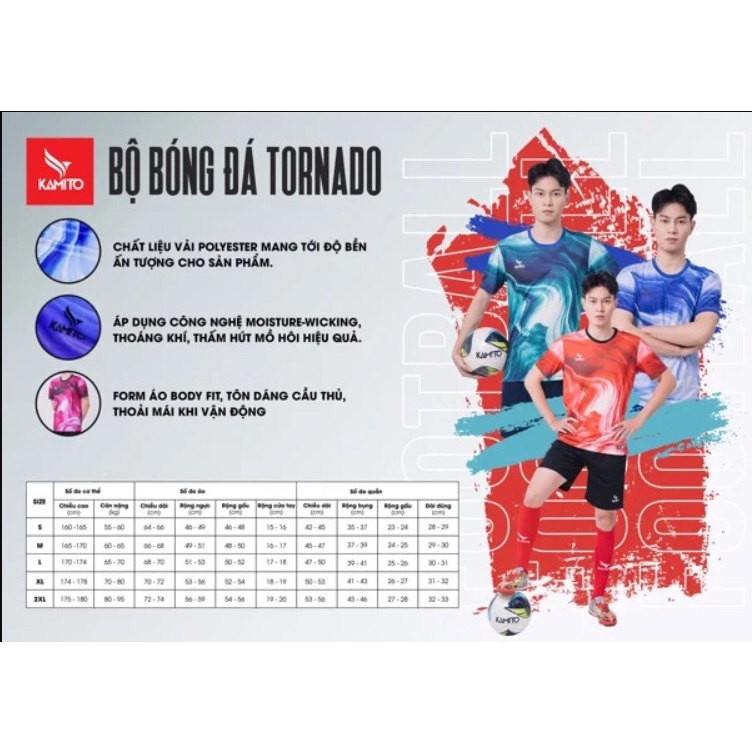 Áo đá bóng, đồ đá banh, quần áo bóng đá, áo không logo Kamito TORNADO - Chất vải cao cấp, bền, thoáng