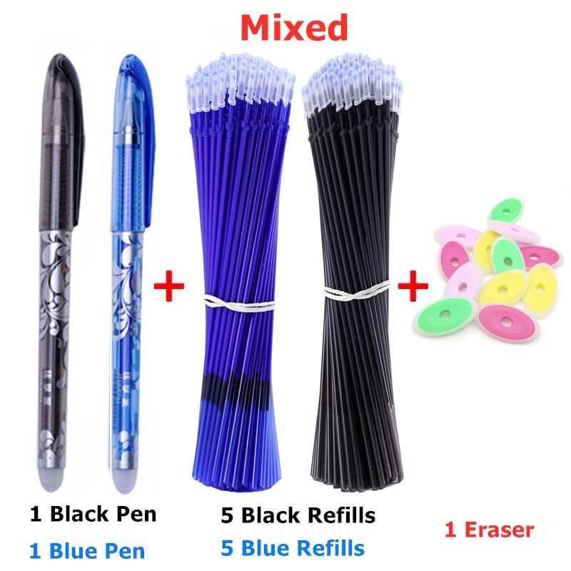 Set 2 bút bi mực gel ngòi 0.5mm kèm 10 ruột bút thay thế + 1 cục tẩy màu đen/ xanh dương có thể xóa được