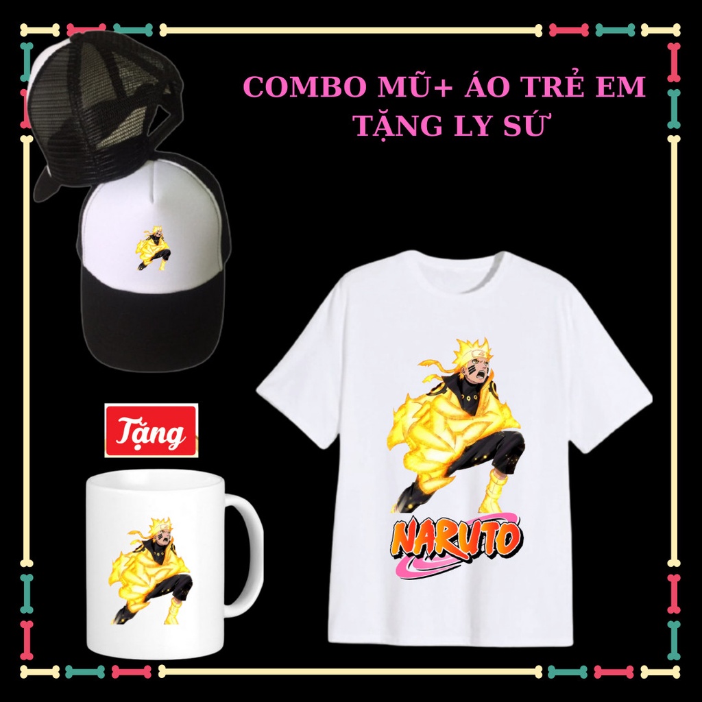 Combo Áo Naruto+Mũ Lưỡi trai Naruto-Tặng Ly sứ Naruto cho trẻ em tay ngắn Vải thun thái co giãn 4 chiều