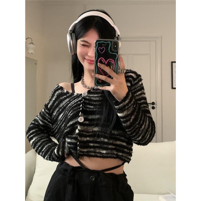 QKOOLE Áo Croptop Tay Dài Cổ Chữ V Kẻ Sọc Thời Trang Hàn Quốc Cho Nữ áo khoác