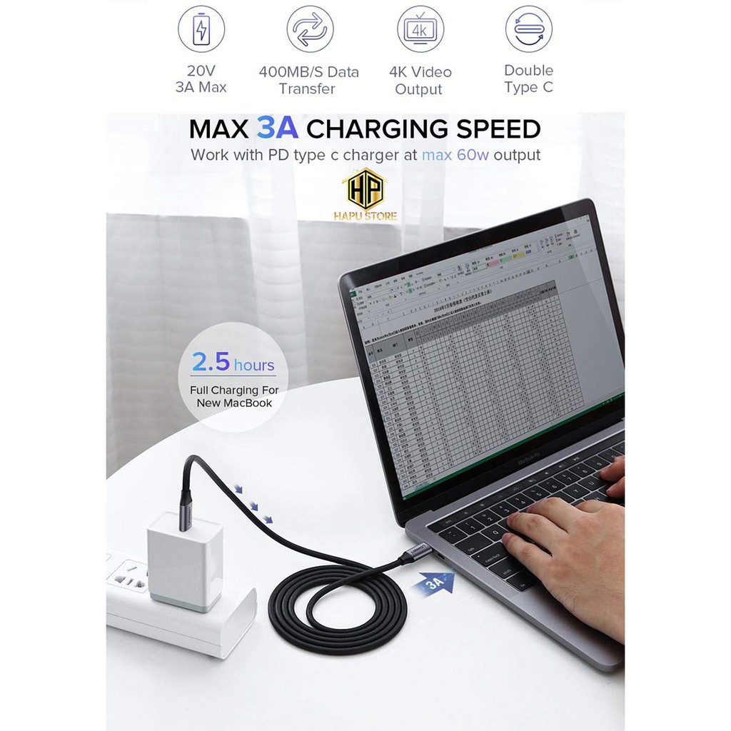 Cáp USB-C to USB-C Ugreen 50751 dài 1,5m chính hãng - Hapustore