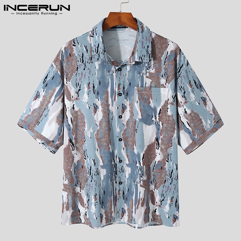 Áo sơ mi INCERUN cổ bẻ tay lỡ in họa tiết phong cách cổ điển cho nam