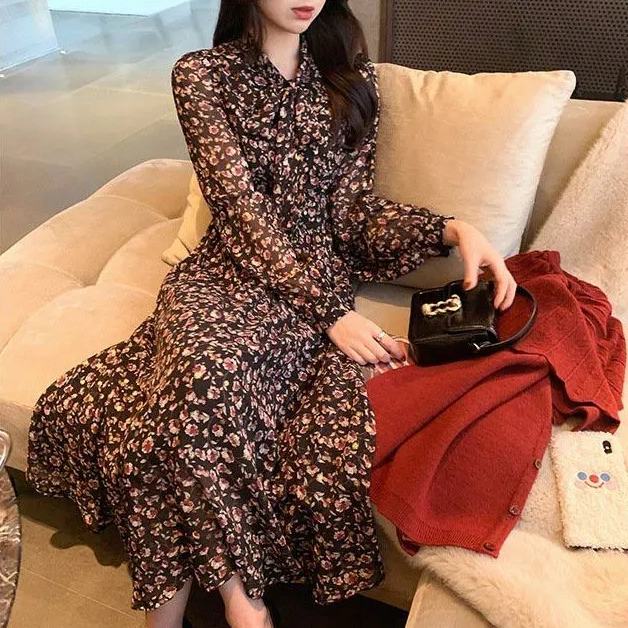 Đầm Voan Dài Tay In Họa Tiết Hoa Thanh Lịch Dành Cho Nữ