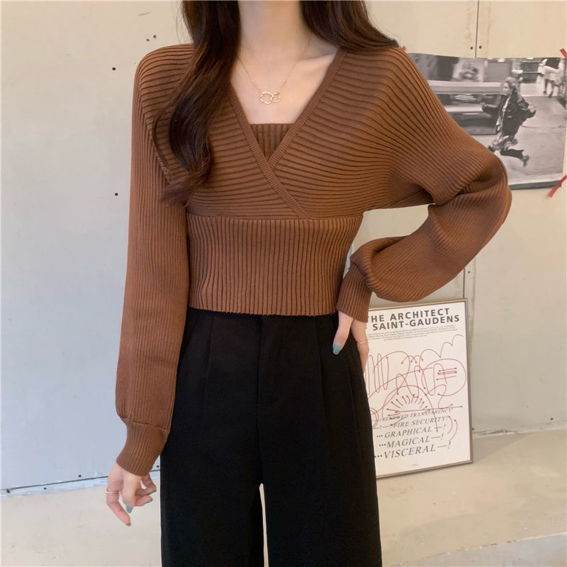 Áo Thun Tay Dài Giả Hai Mảnh Dáng Ngắn Lưng Cao Màu Đen Thời Trang Mùa Thu Hàng Mới 2021 Dành Cho Bạn Nữ