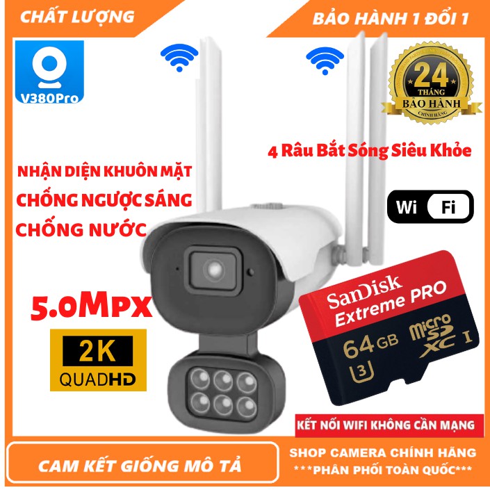 Camera wifi Camera 4 râu ngoài trời  V380Pro V008 5.0Mpx Siêu nét - Nhận diện khuôn mặt - Chống ngược sáng- Đêm có màu