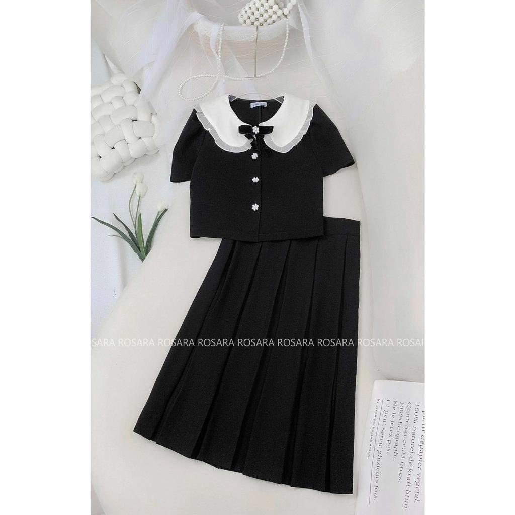 Áo Sơ Mi Đen Ngắn Tay Dáng Lửng Cổ Sen Bèo Thời Trang Nữ Rosara SM106