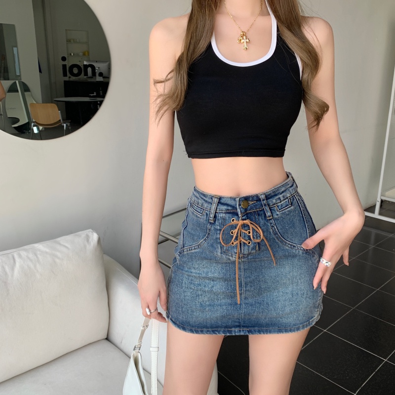 Chân Váy Denim Lưng Cao Thiết Kế Cột Dây Hợp Thời Trang