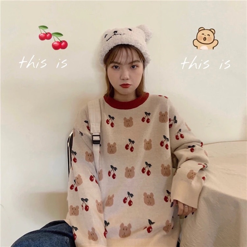 Áo len cherry cute form rộng