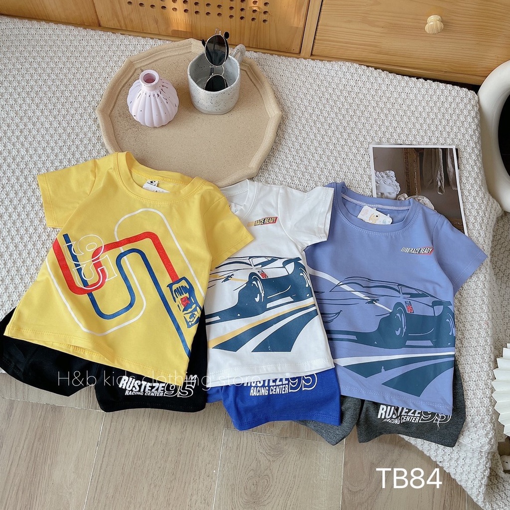 Bộ cộc tay bé trai vải cotton mềm mịn, thoáng mát, in hình ô tô đua siêu ngầu size từ 8 - 30 kg