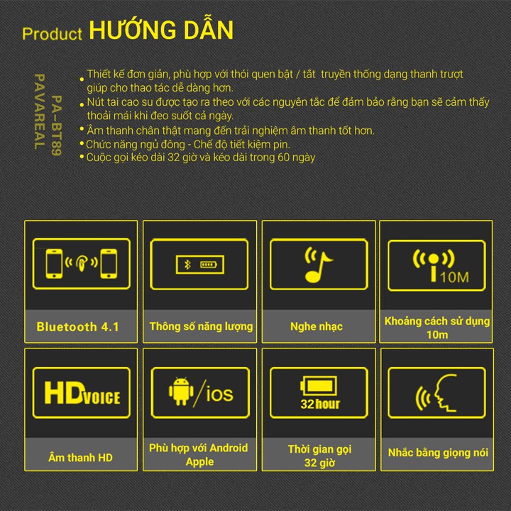 Tai Nghe Bluetooth Cao Cấp PAVAREAL BT89 (Chống Khử Âm Ồn Khi Chạy Xe)