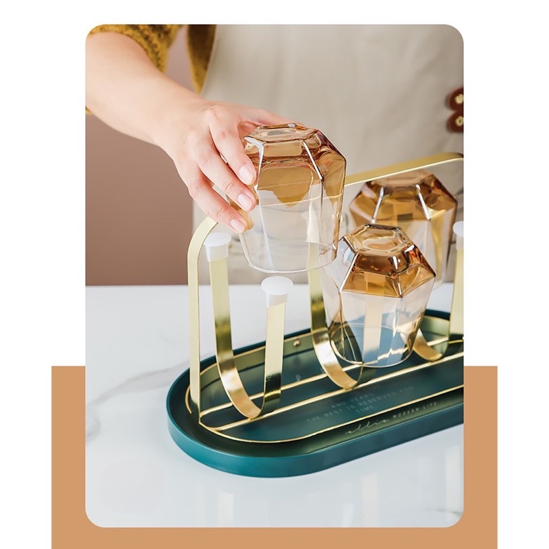 ÚP CỐC DECOR CÓ KHAY HỨNG NƯỚC | GIÁ ÚP LY CỐC SƠN TĨNH ĐIỆN KÈM KHAY PHONG CÁCH RETRO BẮC ÂU KHÔNG HOEN GỈ CAO CẤP
