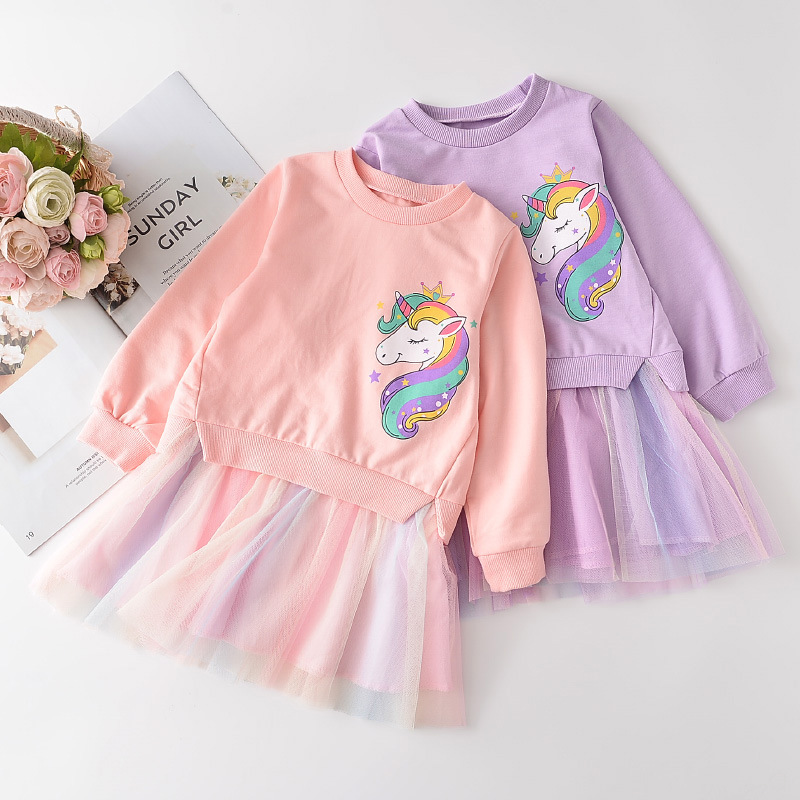 Đầm Thun Tay Dài In Hình Kì Lân Cho Bé Gái Từ 3-7 Tuổi