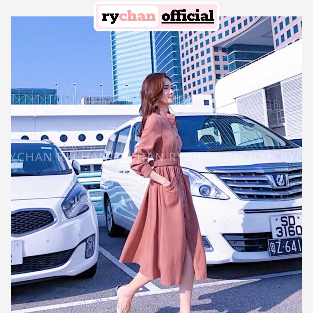 Đầm Xòe Sơ Mi Hồng Ruốt Thắt Belt Túi Trước - DX954