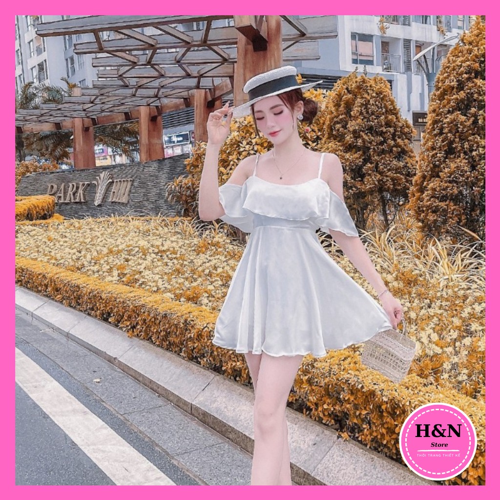 Váy 2 dây lụa thiết kế trễ vai đi biển xòe ngắn xinh đẹp HN CLOTHING V14