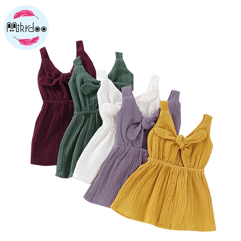 Đầm MIKRDOO cotton sát nách đính nơ thắt xinh xắn dành cho bé gái