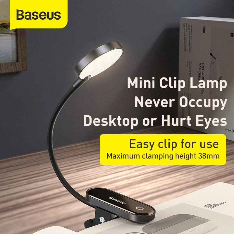Đèn đọc sách mini, pin sạc tiện dụng Baseus Comfort Reading Mini Clip Lamp (Dịu mắt, chân kẹp, 3 mức sáng, 350mAh, 24h)