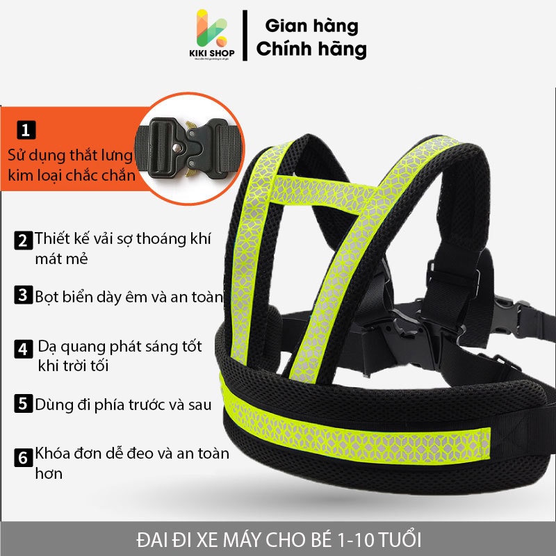 Đai đi xe máy cho bé 1-10 tuổi dodoto vải sợi polyester thoải mái thoáng mát, đeo vai, thắt lưng, đai ngực