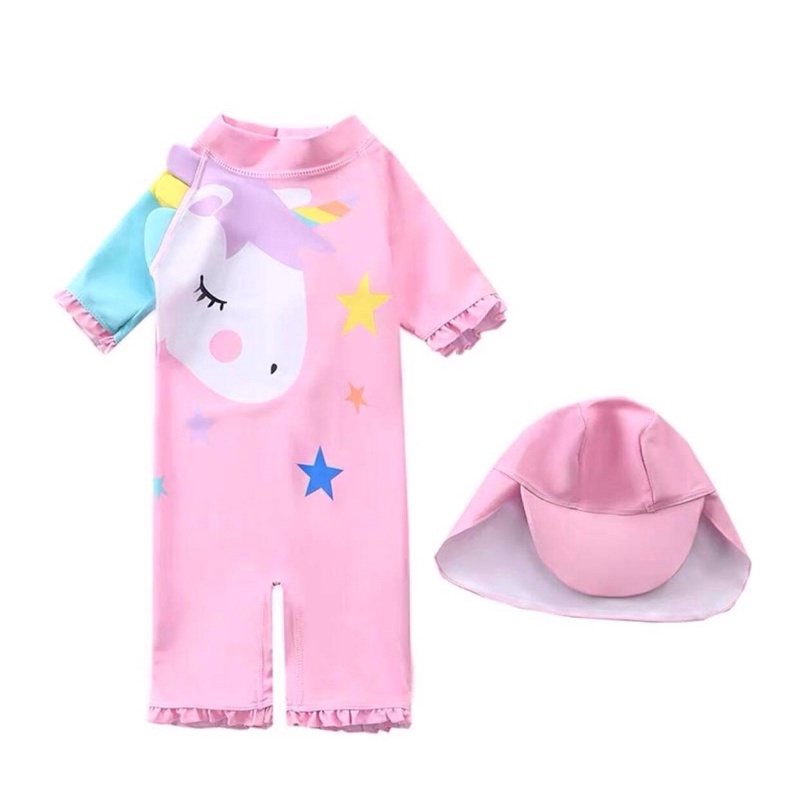 (có sẵn, kèm mũ) Bộ bơi liền cho bé gái hình pony