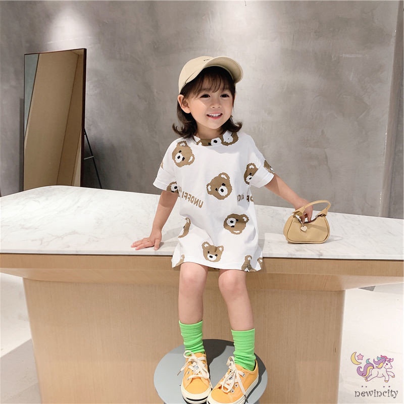 Đầm thun tay ngắn in họa tiết hoạt hình phong cách Hàn Quốc cho bé gái