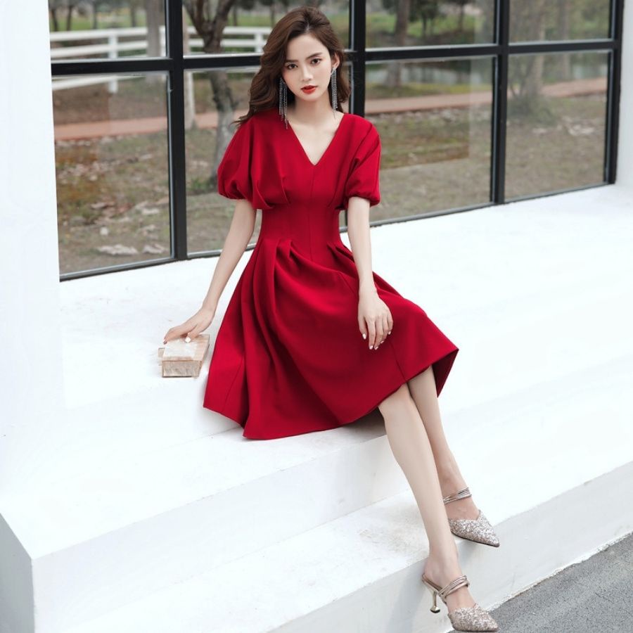 ঔৣ Váy đỏ đầm xòe dự tiệc đỏ xinh mặc Tết N130 thiết kế cổ V tay cánh dơi mới lạ cá tính ấn tượng mạnh mẽ khi đi tiệc ঔৣ