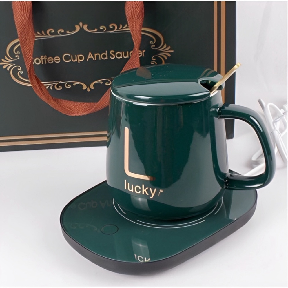 Cốc Hâm Nóng Đồ Uống Kèm Đế Điện, Bộ ly Sứ Kèm Đế Điện Hâm Nóng Trà, Cafe, Hâm Sữa + Thìa Vàng, Hộp Đựng Sang
