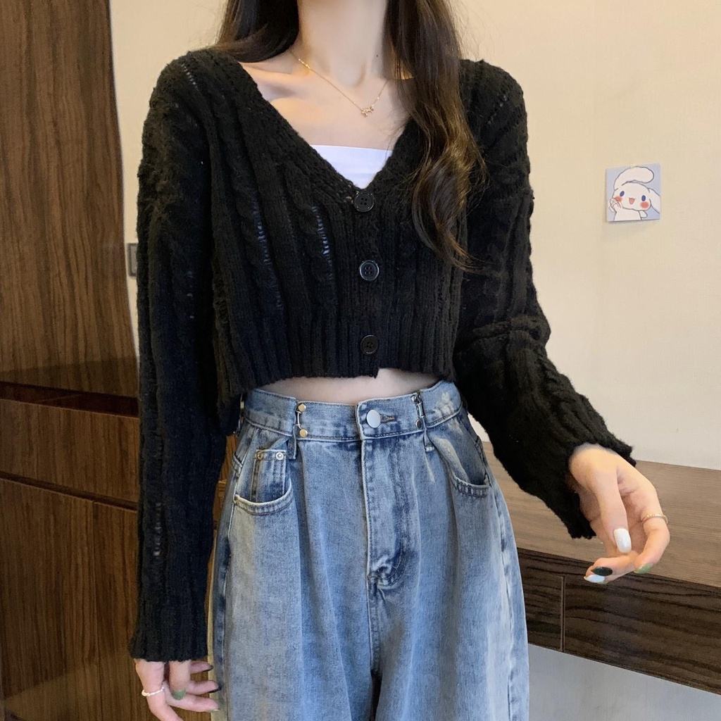 Áo Khoác Len Xoắn Cổ Tim Nút Tay Dài | Smide Clothing