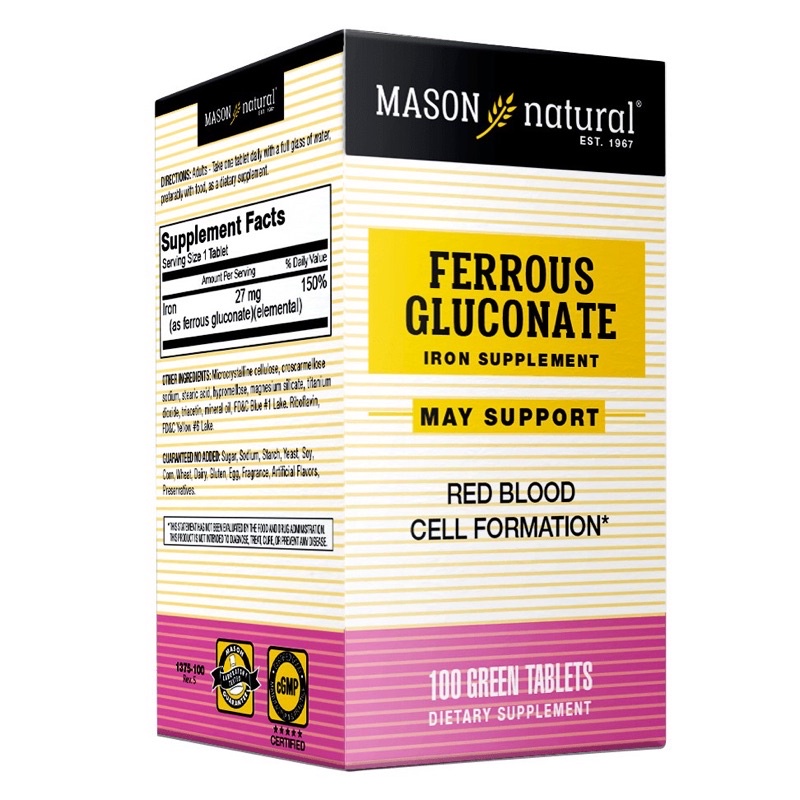 Viên Uống Bổ Máu, Tăng Tế Bào Hồng Cầu MASON NATURAL Ferrouse Gluconate 100 Viên