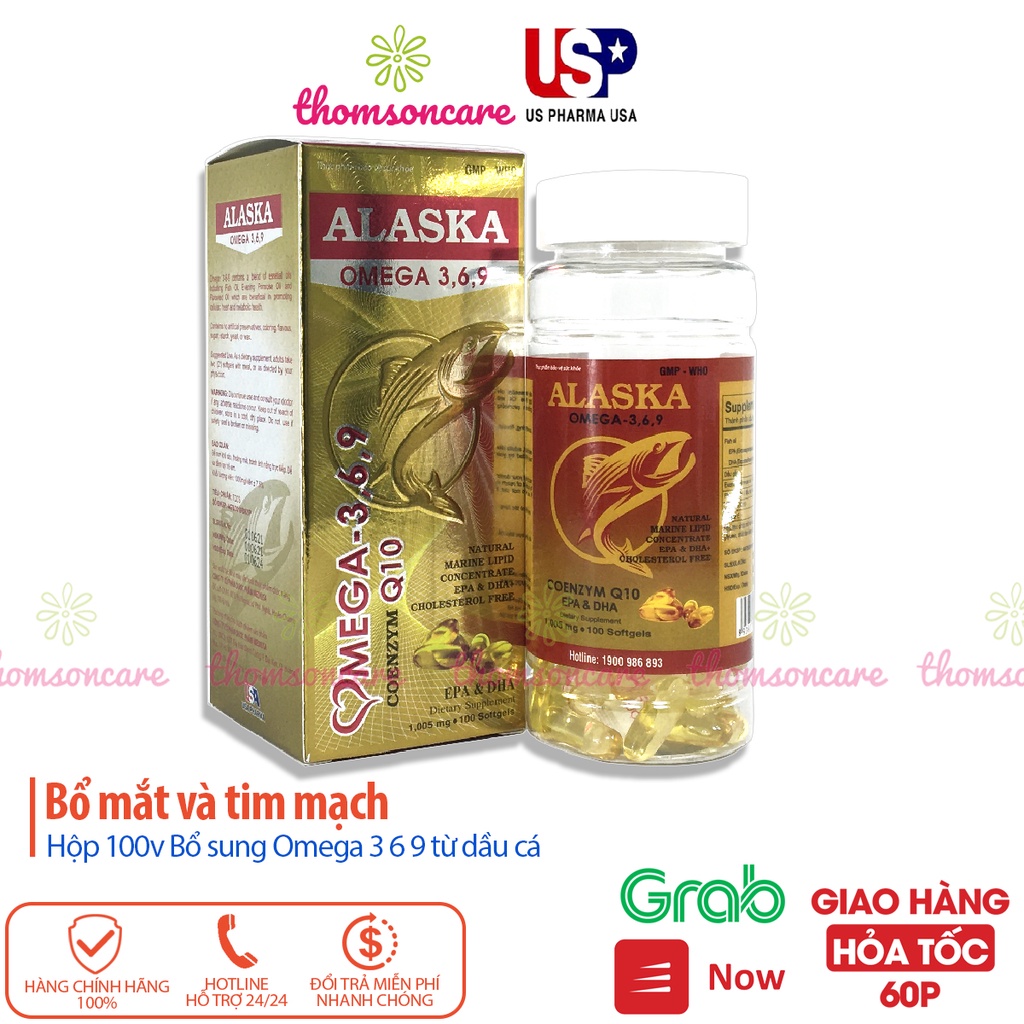 Dầu cá Alaska Hộp 100 viên bổ sung Omega 3 6 9, DHA EPA, có thêm dầu hoa anh thảo và coenzym q10, bổ mắt và tim mạch