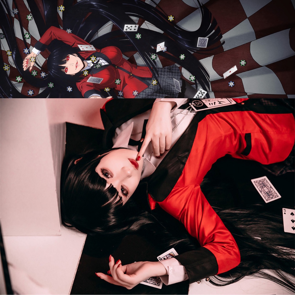 Trang phục set đồ cosplay Yumeko Saotome Kakegurui học viện đỏ đen cờ bạc