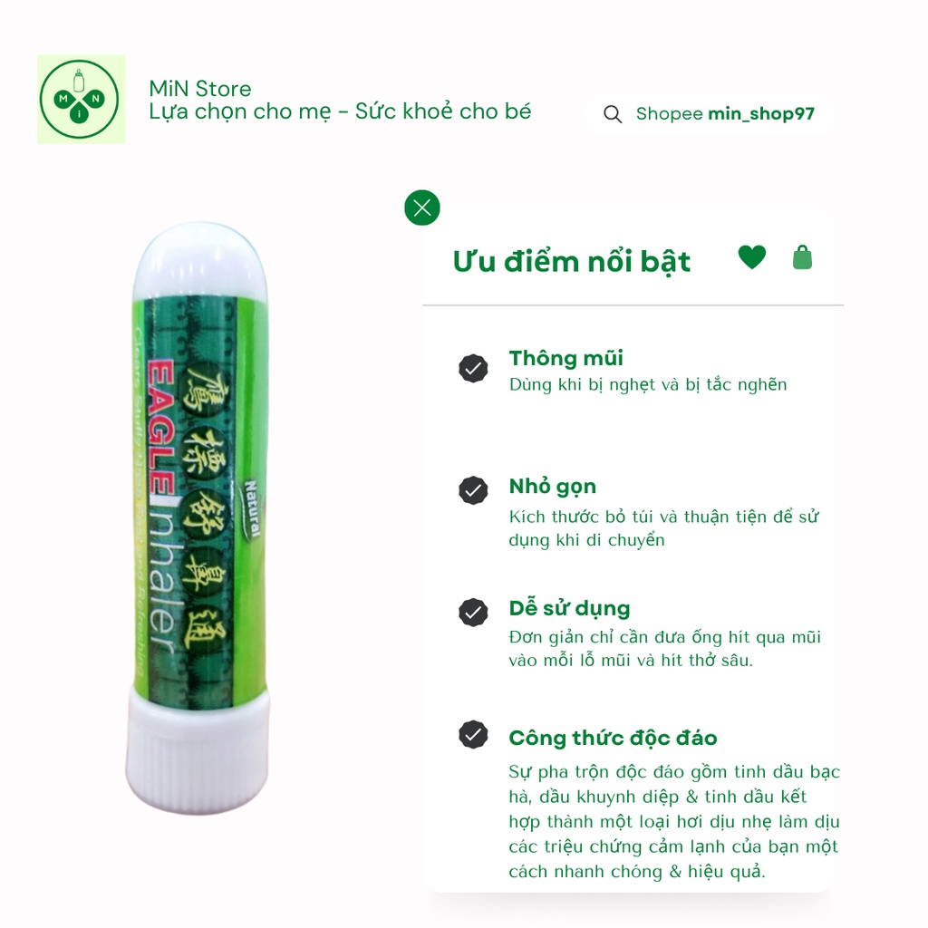 Ống Hít Mũi Hiệu Con Ó EAGLE BRAND NASAL INHALER 4g Giúp Giảm Nghẹt Mũi, Sổ Mũi, Làm Thông Mũi Dễ Thở