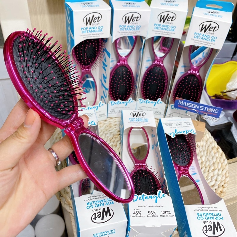 Lược gỡ rối WET BRUSH Mini Pop and Go chính hãng có gương tiện dụng, vào nếp nhanh chóng