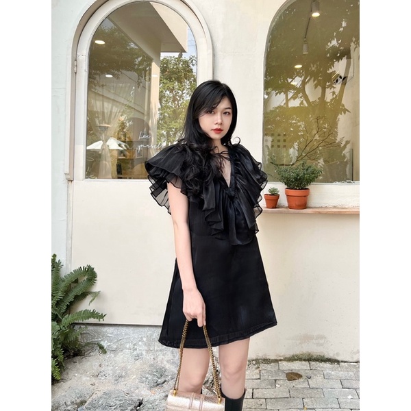 Set đầm dài phồng vai xẻ tà