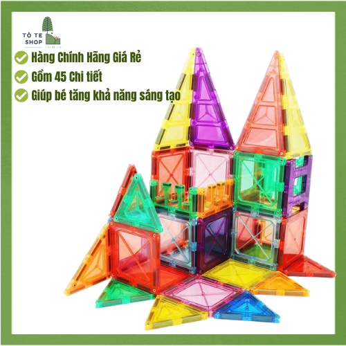 Đồ chơi xếp hình nam châm Magnetic Tiles 45 chi tiết,xếp hình nam châm ánh sáng cầu vồng chính hãng Xinbida