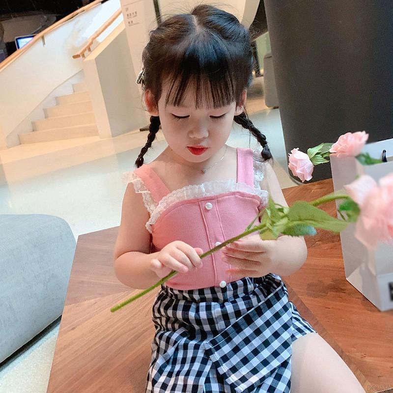 Áo hai dây chất liệu cotton phối ren thời trang mùa hè phong cách Hàn Quốc xinh xắn cho bé gái