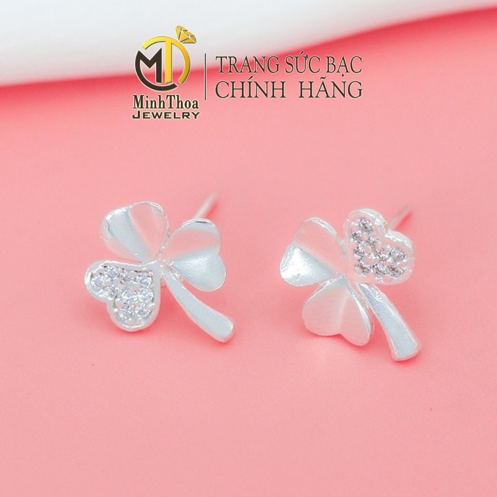 Bông tai nữ bạc đẹp, hoa tai kiểu khuyên cỏ ba lá trang sức bạc ta- Minh Thoa Jewelry