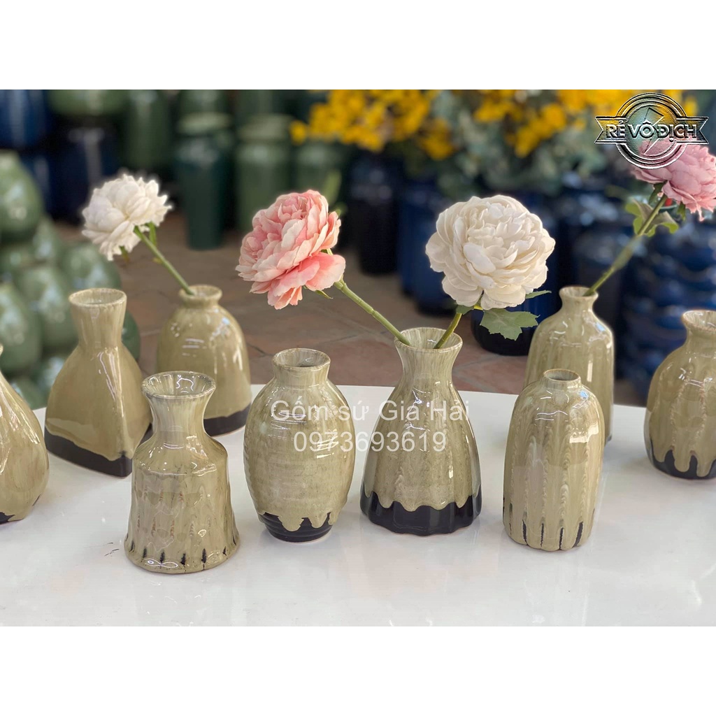 Set 3 lọ hoa men thiên thanh và vàng cực xinh Bát Tràng