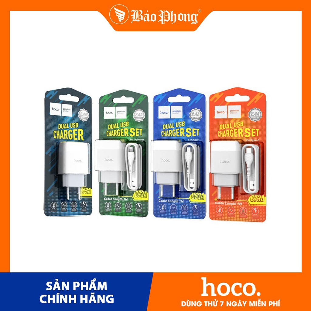 Củ sạc 2 cổng HOCO C73A  kèm cáp iPhone cốc cóc Dành cho điện thoại iPhone iP Xiaomi Huawei Samsung Oppo Realme