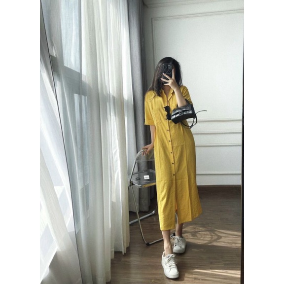 :Váy đi biển, cổ sơ mi vàng túi ngực form suông bầu bí bon chen thoải mái cho nữ LOLLAYE