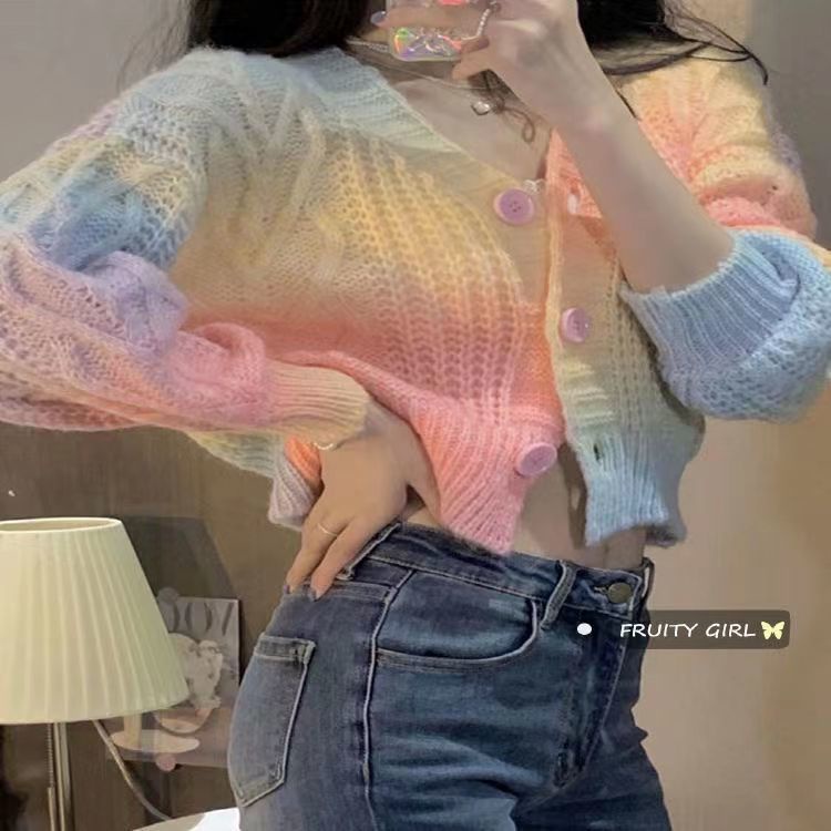 Áo len ngắn cardigan croptop vải dệt kim xinh cầu vòng kiểu Hàn Quốc nữ