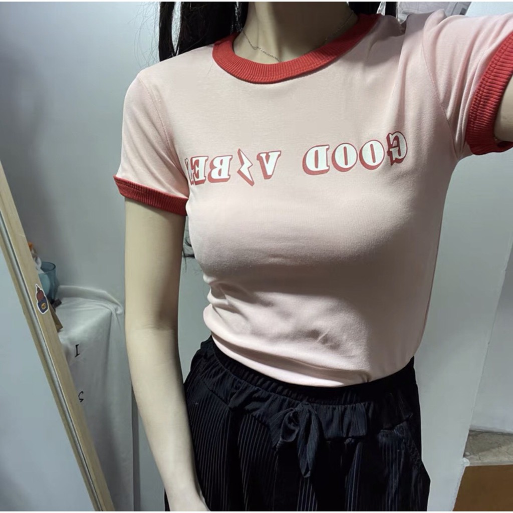 Áo croptop ôm body thun gân in chữ Good Vibes Hồng - ÁO THUN CRT HỒNG VIỀN ĐỎ
