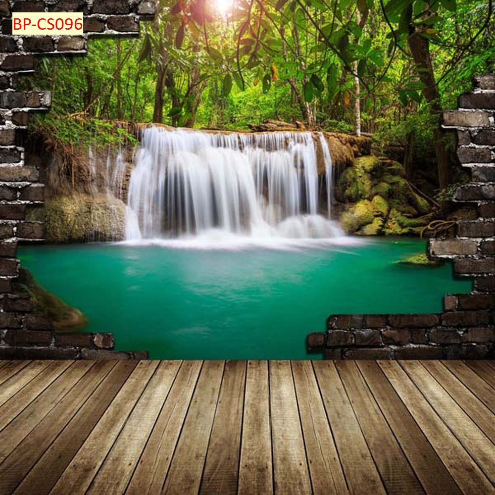 Tranh dán tường cửa sổ phong cách lâu đài, thác nước 3D