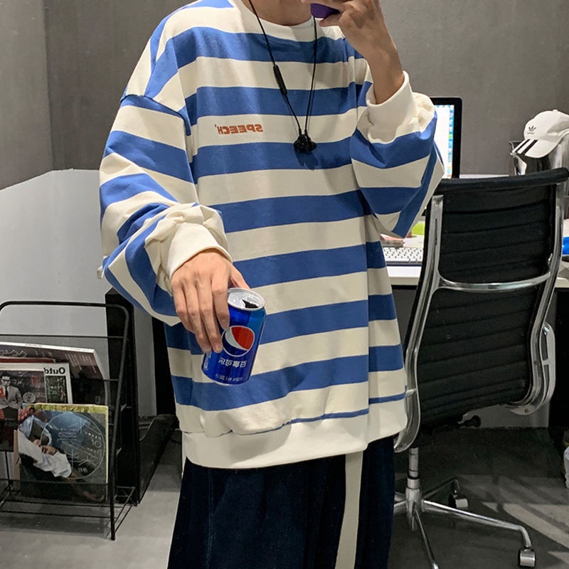 Áo Thun Tay Dài Dáng Rộng Kẻ Sọc Ngang Trẻ Trung Phong Cách Hip-Hop Hàn Quốc Cho Nam