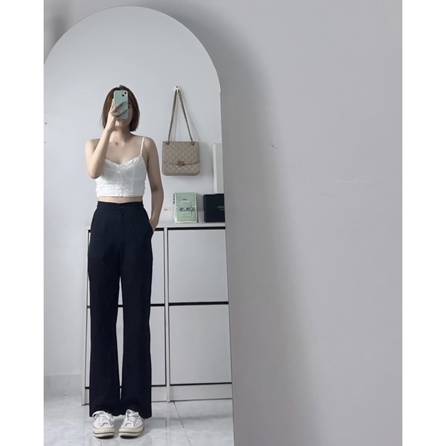 Sét áo Blazer đệm vai hepton và quần tây đen thời trang