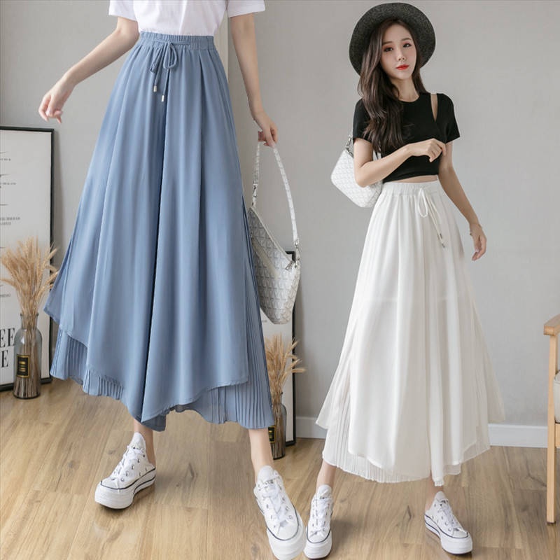 Quần Giả Váy Ống Rộng Lưng Cao Màu Đen Chất Liệu Chiffon Cho Nữ